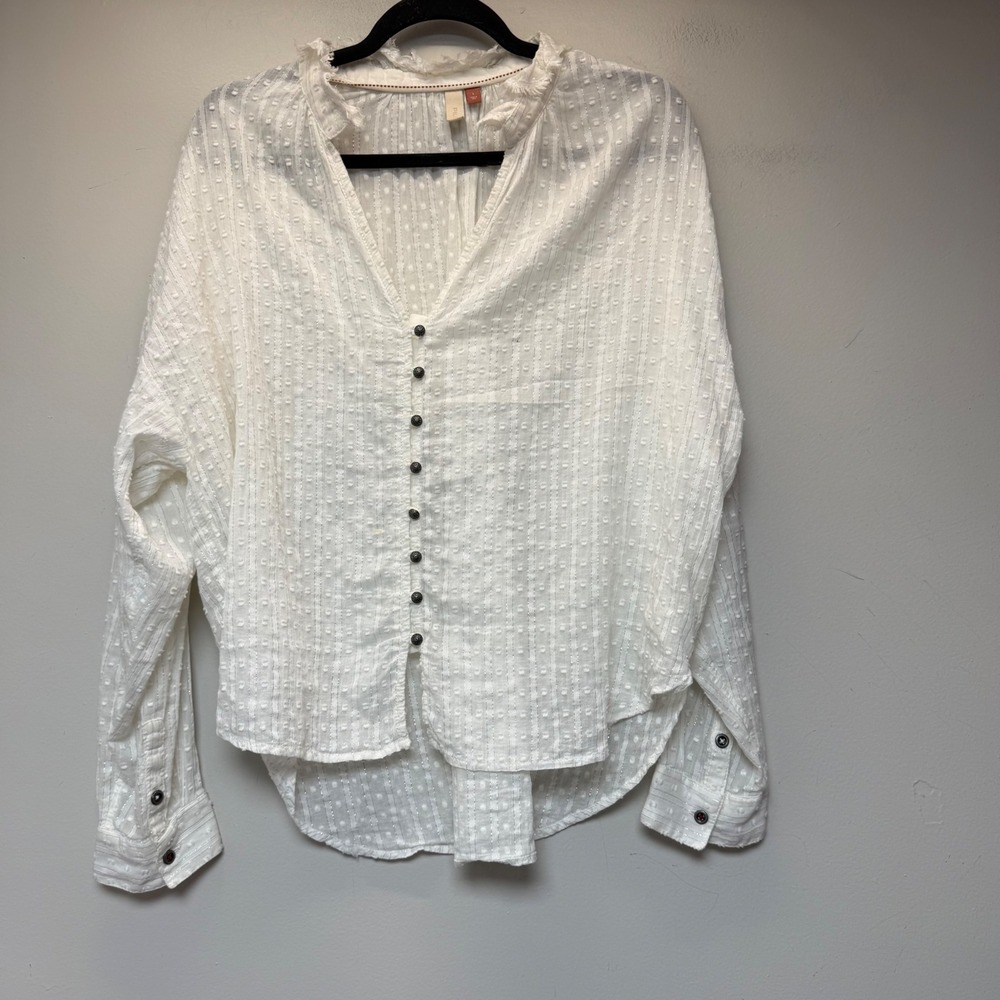 Pilcro Blouse Womens Large White Silver Metallic Swiss Dot Button Good Frayed